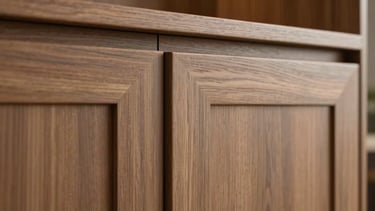 An architectural close-up of custom cabinetry renders, showcasing realistic wood grain textures and sophisticated matte finishes under warm, focused lighting.