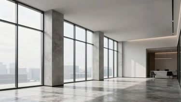 A wide-angle photography shot of a sleek, minimalist corporate office lobby render, North American style, featuring floor-to-ceiling windows and polished concrete floors.