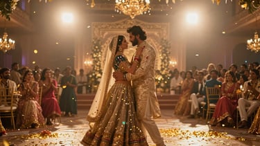 Widescreen 21:9 cinematic film frame of a grand Indian wedding reception, dramatic warm uplighting, a couple dancing amidst golden confetti, shallow depth of field, anamorphic lens flare