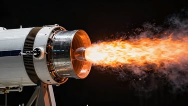 Close-up of Orion spacecraft thruster test firing in a vacuum chamber, brilliant orange exhaust plume against absolute black background