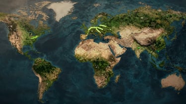 Animated world map highlighting a clear trade corridor from China to the Democratic Republic of the Congo, showing sea and air routes, global connectivity, modern and professional aesthetic.