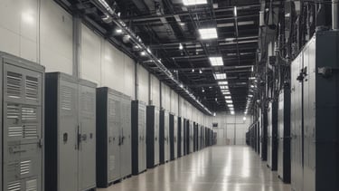 Close-up of industrial transformers and cables neatly arranged in a warehouse