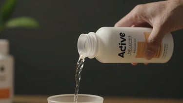 Active video still from a brand campaign — a hand pouring liquid into a product vessel, motion blur on the pour, sharp focus on the product label, dark studio-free natural setting with practical ambient light