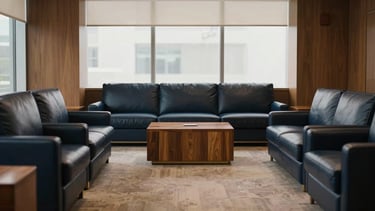 Wide, symmetrical environmental composition of a quiet, empty executive lounge, luxurious materials like polished wood and leather, soft diffused natural light, deep navy and muted gold tones, 35mm, editorial lifestyle photography.