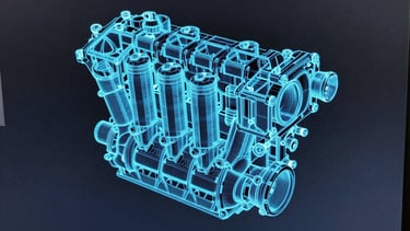 Extreme close-up of a high-fidelity CAD model of a complex engine manifold on a dark computer monitor, glowing blue wireframe lines, technical interface, 50mm.