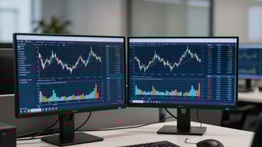 A sophisticated French office in La Défense, Paris, featuring a minimalist desk with high-end monitors displaying analytical stock market data, soft professional lighting, midnight blue and slate blue accents, clean corporate atmosphere.