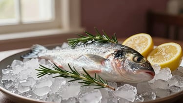 Close-up of fresh silver sea bream resting on crushed ice, garnished with wild rosemary and Ligurian lemons, warm soft window light, shallow depth of field, 35mm