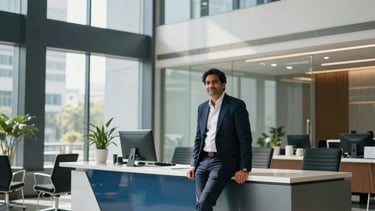 A sophisticated South Asian / Indian real estate consultant in a sleek, modern Gurugram office lobby. High-end glass architecture, steel blue and silver blue decor. Natural daylight creates a professional and trustworthy atmosphere. Cinematic wide shot showing a clean, modern workspace.
