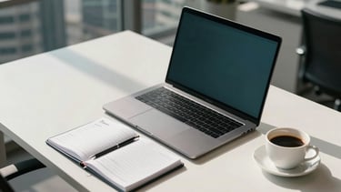 Professional high-angle photography of a clean, modern workstation in a Sao Paulo business district. A sleek laptop, a business planner, and a cup of coffee sit on a white desk with soft sunlight streaming in. South American / Brazilian office atmosphere. Color palette of dark teal and off-white.
