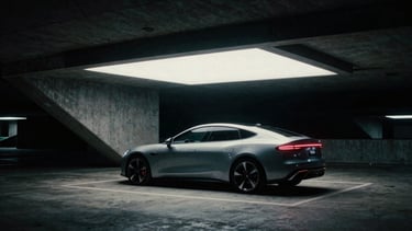 Ultra-wide 2.39:1 anamorphic film still, high-contrast commercial aesthetic, sleek modern car parked under dramatic concrete architecture at night, neon highlights, 35mm grain.