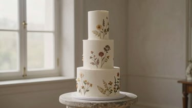 A wide panoramic shot of an architectural wedding cake with sharp, clean lines and delicate botanical pressed flowers, placed off-center on a stone pedestal, soft window daylight.