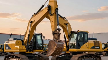 A crisp, professional photograph of high-end industrial machinery, including excavators and loaders, parked in a North American heavy equipment logistics lot. The composition is balanced under a bright morning sky featuring soft orange and light blue tones, emphasizing industry expertise and reliability.