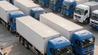 A high-angle photograph of a fleet of clean blue and white logistics trucks parked neatly in a modern warehouse facility in a South Asian city. Bright morning lighting, focus on a professional and organized atmosphere. The scene communicates efficiency and large-scale operational capacity.