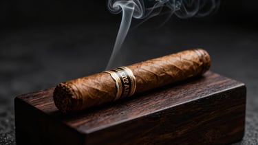 A single luxury cigar resting on a dark wood block, delicate plume of smoke rising, moody lighting