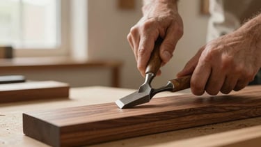 Close-up of a master carpenter's hands using a traditional chisel on rich walnut wood, soft warm workshop lighting, shallow depth of field, 35mm style