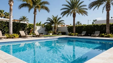 A crisp, professional photograph of a luxury swimming pool in South Florida under a bright midday sun. The water is a brilliant crystal blue, perfectly still, reflecting the surrounding palm trees and a clear azure sky. The pool deck is made of clean, light-colored travertine stone. Modern, serene, and professional aesthetic. North American / South Florida setting.