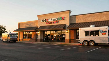 Wide shot of BIG SALLYS LLC welcoming Lake City storefront at golden hour, ample parking lot visible, warm inviting lights, food truck parked nearby, 35mm