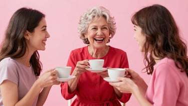 A vibrant, happy woman in her 70s wearing a bright red dress, laughing together with a younger woman of 25 over tea cups, bright high-contrast daylight, dynamic motion, saturated pink and red tones.
