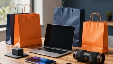 A modern South American / Brazilian workplace setting where a curated selection of smart consumer devices and shopping bags are placed on a sleek wooden table. Natural late afternoon sunlight stream through a window, highlighting vibrant orange and deep slate accent details in the background. High-quality professional photography, clean composition, minimalist and premium style.