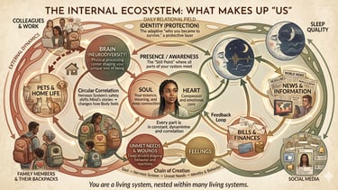 Diagram showing a human as a living system including nervous system, body, mind, emotions, needs, id