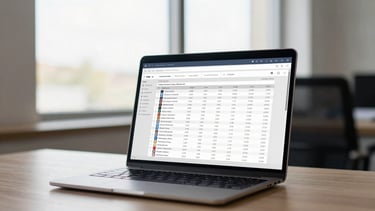 Wide shot of a real estate office desk, laptop screen displaying a CRM pipeline with leads and status columns, natural daylight through window behind the screen, shallow depth of field, no people visible