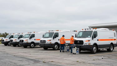 Wide panoramic view of specialized environmental compliance vehicles parked at a Sayville depot, field engineers in high-visibility gear preparing equipment, overcast daylight, crisp details, 35mm lens, safety orange accents