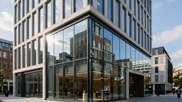 A professional architectural photograph of a sleek, modern commercial property development in London, United Kingdom. The building features expansive glass facades reflecting a slate blue sky, surrounded by clean paved walkways. The lighting is bright and crisp, emphasizing a sophisticated and trustworthy business atmosphere with a palette of navy and off-white.