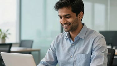 A professional South Asian / Indian financial consultant in a modern, brightly lit office in Mumbai. The consultant is smiling confidently and working on a laptop. The background is a clean, corporate environment with glass walls and accents of pale blue and light green. Soft natural daylight filtering through large windows.