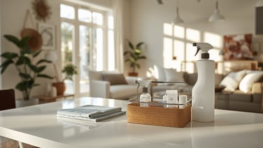 Natural cleaning supplies and spray bottle in a caddy on a white kitchen table in a bright, modern living room.