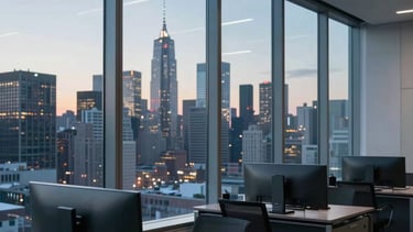 A high-end, modern North American office interior with large glass windows overlooking a city skyline at dusk. Soft evening light reflects off sleek professional equipment, creating a sophisticated and innovative atmosphere with deep blue and pale blue accents.