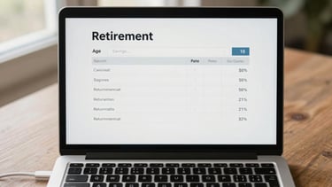 Direct overhead of an open laptop displaying a retirement calculator interface with input fields for age, savings, and return rate, natural window light illuminating the screen