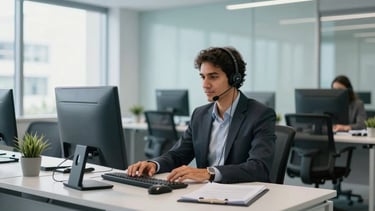 Photography of a modern and bright Brazilian corporate office lobby. In the background, a professional person with a headset is working at a clean desk. The atmosphere is reliable and efficient, with a palette of soft sky blue and light gray. Natural light fills the room, highlighting the professional environment.