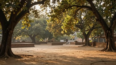 A quiet sandstone courtyard in Govardhan surrounded by ancient neem trees, soft golden hour sunlight filtering through leaves, serene atmosphere, shallow depth of field, 35mm