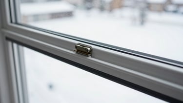 Extreme close-up of a flush sliding window track, minimalist architectural design, crisp overcast winter light, snow visible outside, 35mm photography