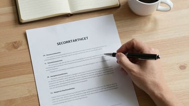 Overhead flat-lay of a printed contract spread open on a light wood desk, a hand holding a fine-tipped pen rests mid-page near a highlighted clause, soft north-facing daylight casting gentle shadows across the document, a small ruled notepad and coffee cup visible at the upper edge of frame