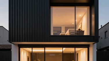 Sleek, minimalist residential facade at dusk, South American / Chilean architecture with black metal accents and warm interior lighting.