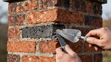 Macro detail shot of tuckpointing masonry work on an aged brick chimney, hands holding a trowel, high-contrast natural daylight.
