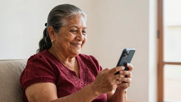 Wide panoramic warm editorial photography, soft natural daylight, a dignified Mexican senior woman smiling while looking at a smartphone, sitting in a bright sunlit room, high contrast, 35mm.