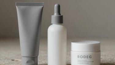 Bodeg&oacute;n de productos de cuidado de la piel en envases minimalistas grises y blancos sobre una superficie de piedra natural bajo una luz suave.