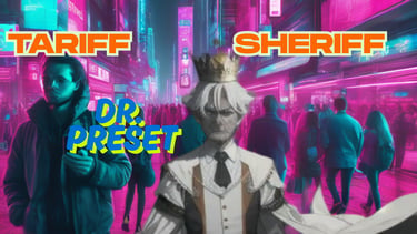 Dr. Preset Tariff Sheriff anime character in a neon cyberpunk city with futuristic pink lighting.