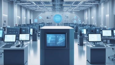 Control room with screens showing industrial automation software