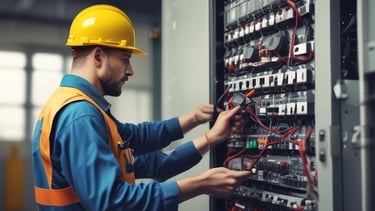 Technician installing industrial electrical panels in a factory setting