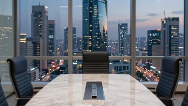 A high-end professional photography of a modern boardroom in a Middle Eastern / Gulf corporate tower at dusk. The scene features a polished marble table, ergonomic chairs, and large glass windows overlooking a glowing city skyline. The lighting is soft and corporate, utilizing a color palette of navy blue, steel blue, and off-white.
