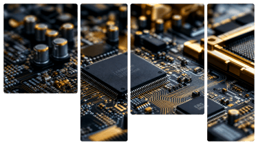 Close-up view of a high-tech computer motherboard featuring integrated circuits, microchips, and gold-plated hardware.