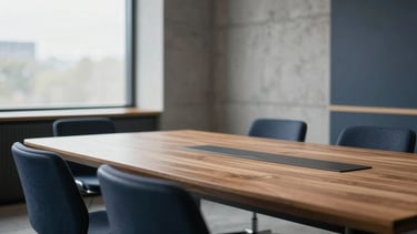 Modern corporate boardroom with concrete and wood details, soft natural light, shallow depth of field, professional editorial style.