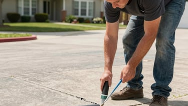 Close-up of a worker filling potholes in a commercial parking lot