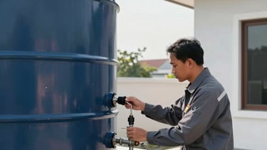 Commercial photography of a professional technician in a slate gray uniform inspecting a clean water reservoir tank on a modern house rooftop in Indonesia. Bright morning sun, professional atmosphere, Southeast Asian setting. The composition is clean and modern with a deep blue and light gray color palette.