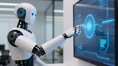 A high-quality photograph of a sleek, white humanoid robot's hand pointing at a glowing light blue data interface on a screen. The background is a minimalist, modern office in Berlin, Central European setting, with clean lines and soft daylight reflecting off glass surfaces. Colors: white, light blue, and dark blue.