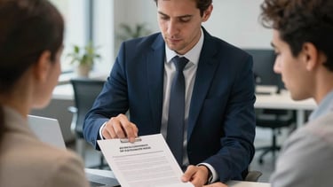 A professional photography shot of a bright, modern office in Belgrade, Serbia. A recruitment consultant in a dark blue suit is reviewing a formal work contract with a candidate in business-casual attire, reflecting an Eastern European / Balkan and South Asian / Southeast Asian focus. The scene is lit with natural daylight, featuring steel blue and alice blue decor accents.