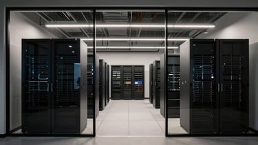 Minimalist Denver industrial-tech office space with clean geometric server racks visible through glass, low-key lighting.